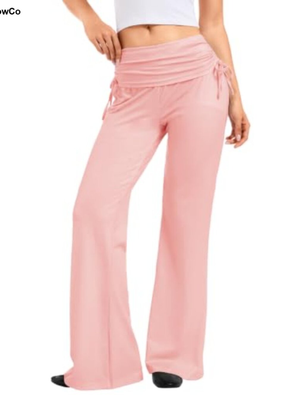 Low Rise Fold Over Wide Leg Yoga Pants with Bow Side Ruched Waist